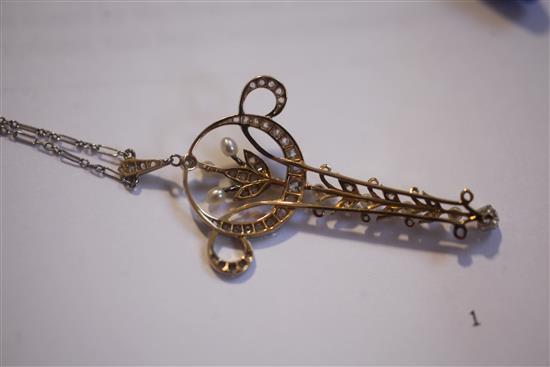 A Belle Epoque gold and platinum, diamond and seed pearl pendant, pendant 2.25in.